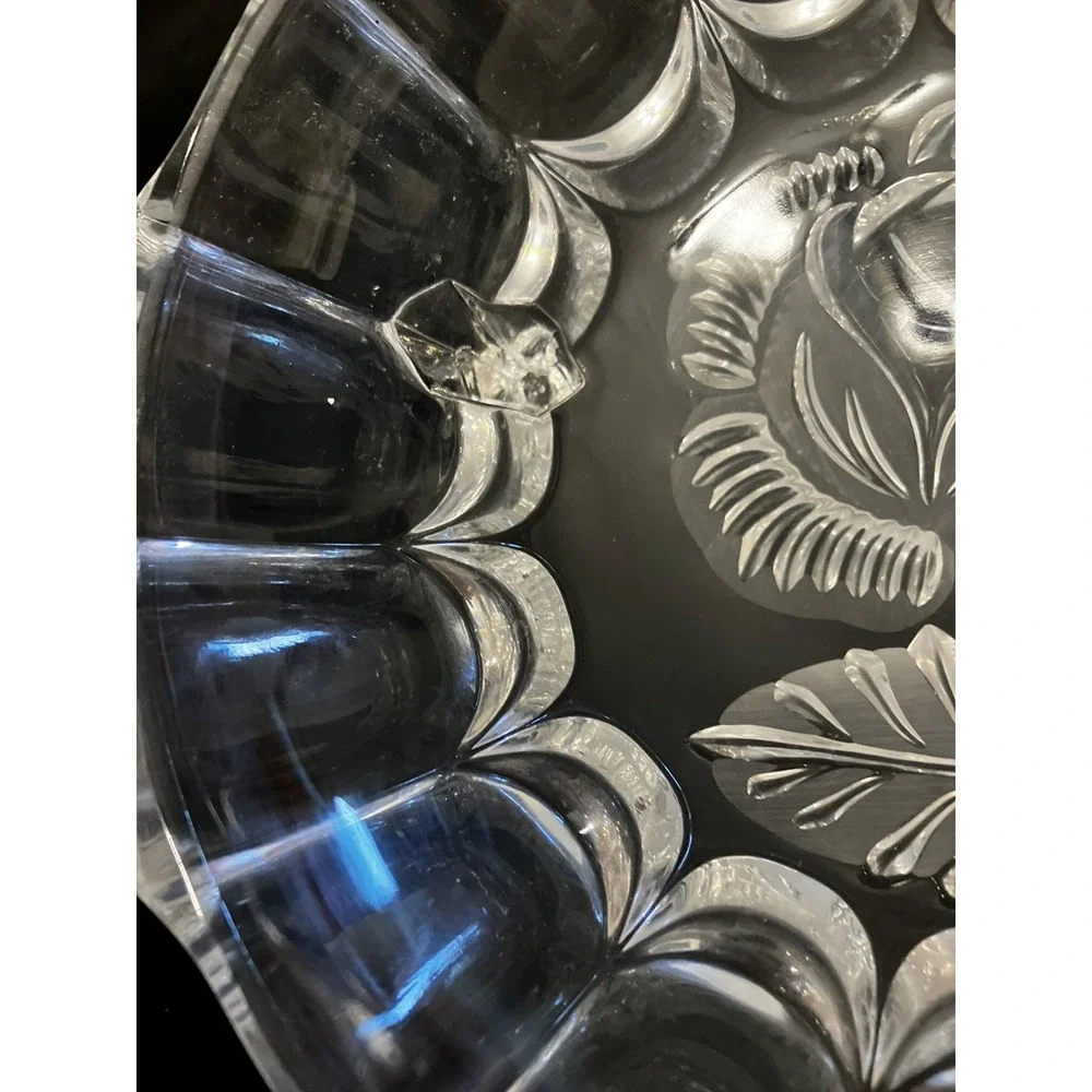 Vintage Imperlux Pressed Crystal Footed Bowl Candy Dish Fluted Edges Etched Rose